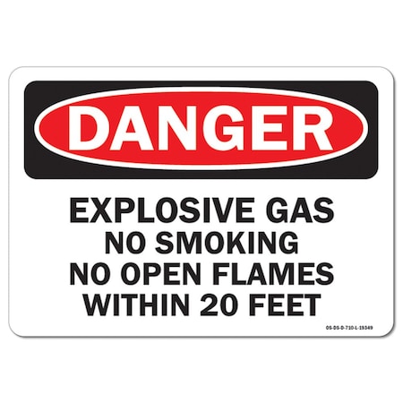 OSHA Danger Sign, Explosive Gas No Smoking Or Open Flames W/in 20 Feet, 18in X 12in Rigid Plastic
